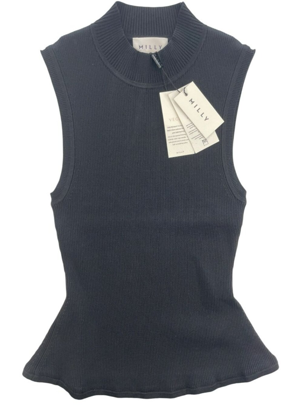 Milly Leather Pleated Skirt Knit Dress Black Sleeveless Ribbed Mock Neck Size P - Picture 3 of 13